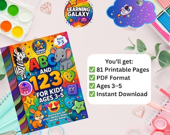 May include: A colorful children's activity book titled "ABC and 123 for Kids Ages 3-5" with illustrations of a zebra, elephant, and other cartoon characters. The book includes the text "81 Printable Pages, PDF Format, Ages 3-5, Instant Download."