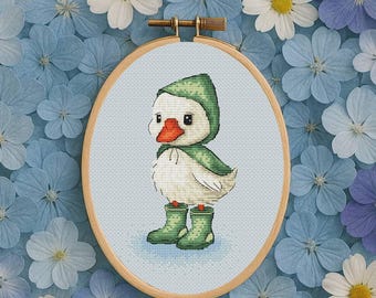Duckling in boots cross stitch pattern Easy embroidery diy Little duck needlepoint Goose xstitch