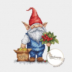 Pattern Gnome Cross stitch Gnome with a bouquet Embroidery gnome in overalls Easy embroidery pdf pattern