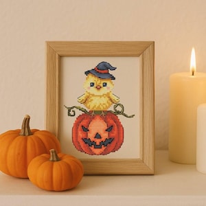 Chicken and pumpkin cross stitch pattern Halloween decor Chick needlepoint Easy embroidery diy Whimsical pumpkin