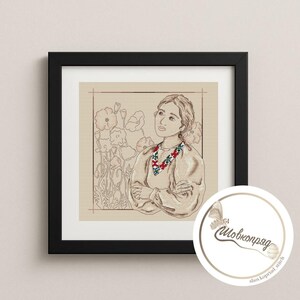 May include: Framed artwork featuring a woman in traditional attire, adorned with a floral necklace. The illustration is in sepia tones, with a backdrop of poppy flowers. The artwork is set in a black frame.