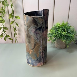 Handmade Ceramic Vase: Blue and Red Glazed Stoneware, Rustic Wrapped Pottery, Home Décor