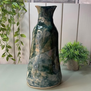Large Handbuilt Oval Bottle Vase: Verdant Tides Collection, One‑of‑a‑Kind Sculptural Ceramic Vessel