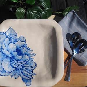 Handmade Ceramic Serving Platter: Hand Painted Blue Floral Stoneware Plate, Home Décor