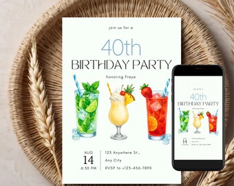 May include: A 40th birthday party invitation featuring watercolor illustrations of cocktails. The invitation includes the text "Join us for a 40th Birthday Party honoring Freya" and event details. A smartphone displays the same design.