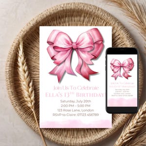 Pink Bow Birthday Invitation Girl | Elegant Editable Canva Template | Printable & Digital Party Invite for Teens