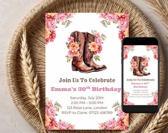 Invito di compleanno con motivo cowgirl floreale: modello di stivali western (download digitale)