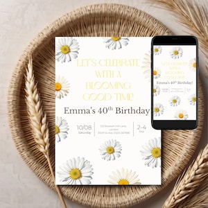 Modelo de convite de aniversário editável com margaridas | Convite floral para festa | Convite para festa no jardim ou chá de panela para adultos