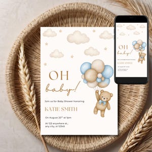 Teddy Bear Baby Shower Invitation: Editable Blue Balloon Design (Digital Download, 5x7 Printable Card)
