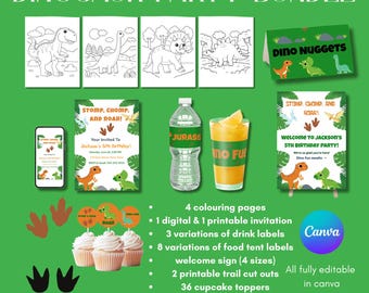 Pode incluir: Um conjunto de festa de dinossauros em um fundo verde, com páginas para colorir, convites, rótulos de bebidas, rótulos de barracas de comida, uma placa de boas-vindas, recortes de trilhas e toppers de cupcake. O texto "DINOSAUR PARTY BUNDLE" está no topo.