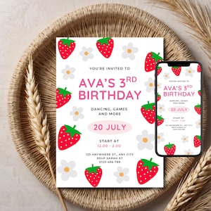 Editable Daisy Strawberry Birthday Invitation Girl | Berry Sweet Party Invite Template | Instant Download | Printable and Digital Invite