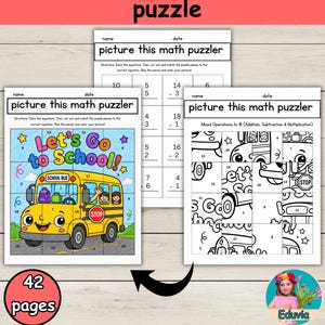 Può includere: Un set di attività di puzzle matematico per il ritorno a scuola con fogli di lavoro intitolati picture this math puzzler. Le pagine includono equazioni matematiche da risolvere, pezzi di puzzle da ritagliare e un'illustrazione a colori di uno scuolabus giallo con il testo Let's Go to School. Il set contiene 42 pagine per esercitarsi con addizioni, sottrazioni e moltiplicazioni.