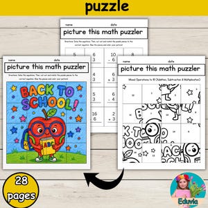Op de afbeelding: Een 28-pagina tellende back-to-school wiskunde knutselpuzzel set. De werkbladen bevatten de tekst "picture this math puzzler" en "BACK TO SCHOOL!" met een cartoon appelpersonage met een bril die een ABC-boek vasthoudt.