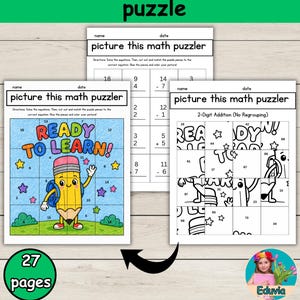 Puede incluir: Tres hojas de trabajo de matemáticas tituladas picture this math puzzler. Una hoja muestra un personaje de lápiz de dibujos animados a color con el texto READY TO LEARN, mientras que las otras presentan cuadrículas en blanco y negro con ecuaciones.