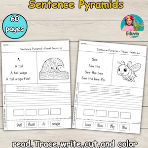May include: Two educational worksheets titled Vowel Teams Decodable Sentence Pyramids. Each page features a sentence pyramid, a line for tracing, blank lines for writing, and a cut, paste, and color section with words like tail and bee.
