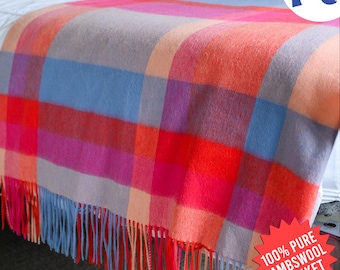 Red Tartan Lambswool Blanket, Soft Wool Throw for Couch, Luxury Plaid Blanket UK, Large Red Check Bedspread, Sustainable Gift, Red Plaids Co
