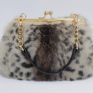 Leopard Print Rex Rabbit Fur Clutch: Gold Chain Crossbody Bag