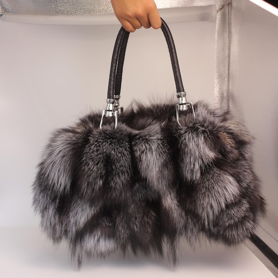 Natural Fox Fur Tote Bag | Ethical Multi-Color Patchwork Handbag | Luxury Large Purse for Women