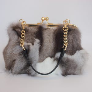 Artisanal Fox Fur Patchwork Clutch: Luxury Evening Bag, Gold Chain Strap
