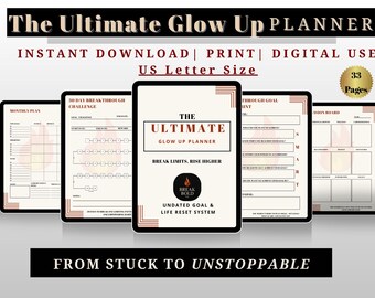 Puede incluir: El Ultimate Glow Up Planner, una descarga instantánea, impresión y uso digital. El planificador incluye un plan mensual, un desafío de 30 días y un tablero de visión. El planificador es tamaño US Letter y tiene 33 páginas.