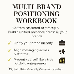 May include: A workbook titled "MULTI-BRAND POSITIONING WORKBOOK" with text that reads "Go from scattered to strategic. Build a unified presence across all your brands." Includes bullet points and icons. Digital and print-friendly versions are included.