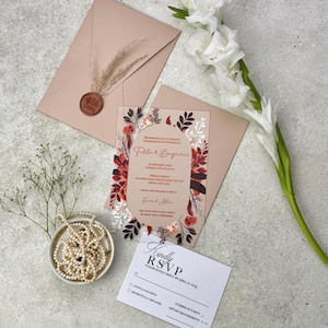 Elegant and Modern Clear Acrylic Wedding Invitation for Autumn Ceremony, Unique Floral Wedding Invitation