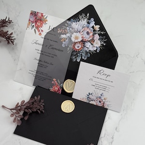 Invito a nozze di lusso in acrilico botanico, biglietti di risposta rustici e moderni, set di inviti di nozze personalizzati, sigillo di ceralacca