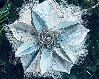 Aqua and Silver Flower Handmade Paper Christmas Ornament, One of a Kind
