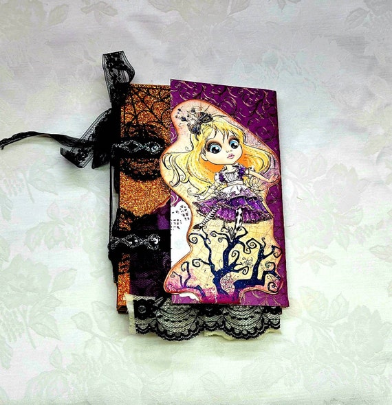 Alice in Halloween Wonderland Open Spine Journal, Junk Journal, Handmade Journal, Keepsake Journal, Happy Mail, Pen Pal, One of a Kind Il_570xn