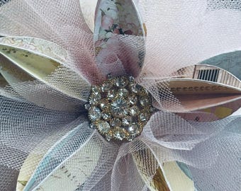 Pink Coastal Paper Christmas Tree Ornament, One of a Kind, Rhinestone Embellished Ornament