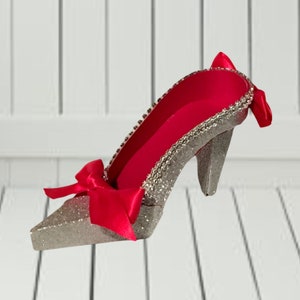 Red & Silver Glitter Paper Shoe Keepsake: Rhinestone High Heel Art