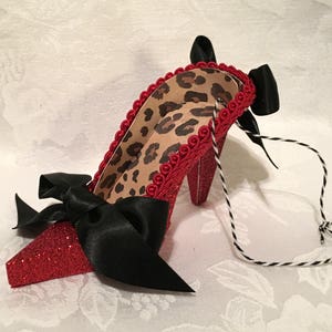 5.75&quot; Small Red Glitter and Leopard Print High Heel Paper Shoe Ornament