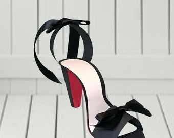 Paper Shoes, Black and Beige with Red Sole Sandal Stiletto Paper Keepsake Shoe, Art Sculpture, Decoration, Original Design