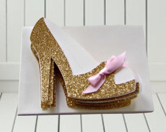 Gold Glitter High Heel Shoe Card with Pink Bow - Set of 5