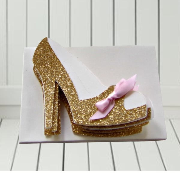 Blank Cards, 5 Gold Glitter with Pink Bows Platform High Heel Shoe Blank Cards