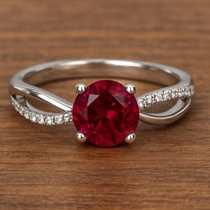 Ruby Bypass Ring, Sterling Silver Pavé Swirl, Art Deco Anniversary Gift