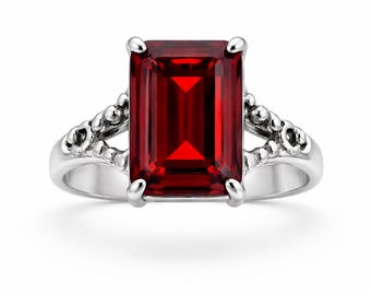 Emerald Cut Red Garnet Ring, Sterling Silver, Vintage Art Deco