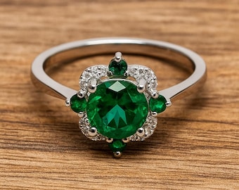 Emerald Sterling Silver Floral Ring, Art Deco May Birthstone