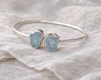 Pulsera de cristal de aguamarina en bruto, brazalete de plata de ley, estilo Art Déco