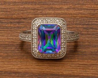 Mystic Topaz Sterling Silver Ring • Emerald Cut CZ Halo