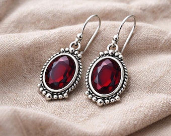 Vintage Style Garnet Earrings, Sterling Silver Victorian Filigree Dangle