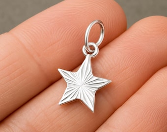 May include: A small, silver star charm with a textured surface and a loop for attaching to a necklace or bracelet. The star has five points and a detailed, engraved design radiating from the center.