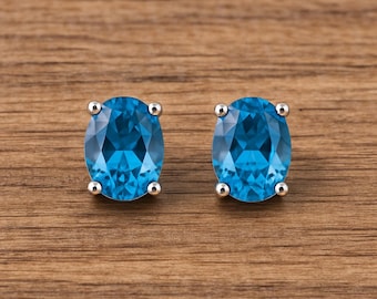 Oval London Blue Topaz Sterling Silver Stud Earrings, Art Deco