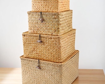 Ensemble de paniers de rangement en jonc de mer - 4 boîtes de rangement tissées avec couvercle - Corbeilles écologiques en fibres végétales