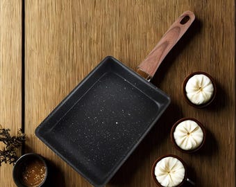 Sartén japonesa para tortillas: sartén rectangular antiadherente para tamagoyaki con mango de madera desmontable