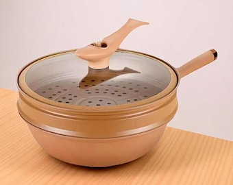 Energikoncentrerande järnwok med lock – nonstick keramisk beläggning – kompatibel med gas och induktion