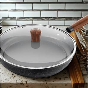 Sartén antiadherente de 24 cm con revestimiento de piedra y tapa de vidrio: apta para inducción y gas, saludable y con bajo consumo de aceite.
