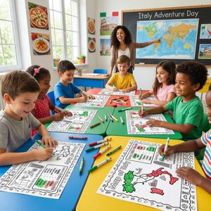 Italian Activity Placemat for Kids: Printable Italy Map Coloring Page, Learn Italian Words, Find Objects Game Ages 5-10