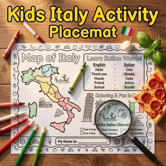 Italian Placemat Restaurant Activity Mat - Kids Culture Italy Education: Printable Map, Coloring Page, Vocabulary, Italian Heritage