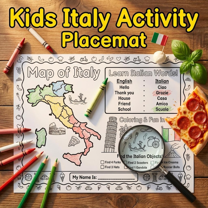 Italian Activity Placemat for Kids: Printable Italy Map Coloring Page, Learn Italian Words, Find Objects Game Ages 5-10